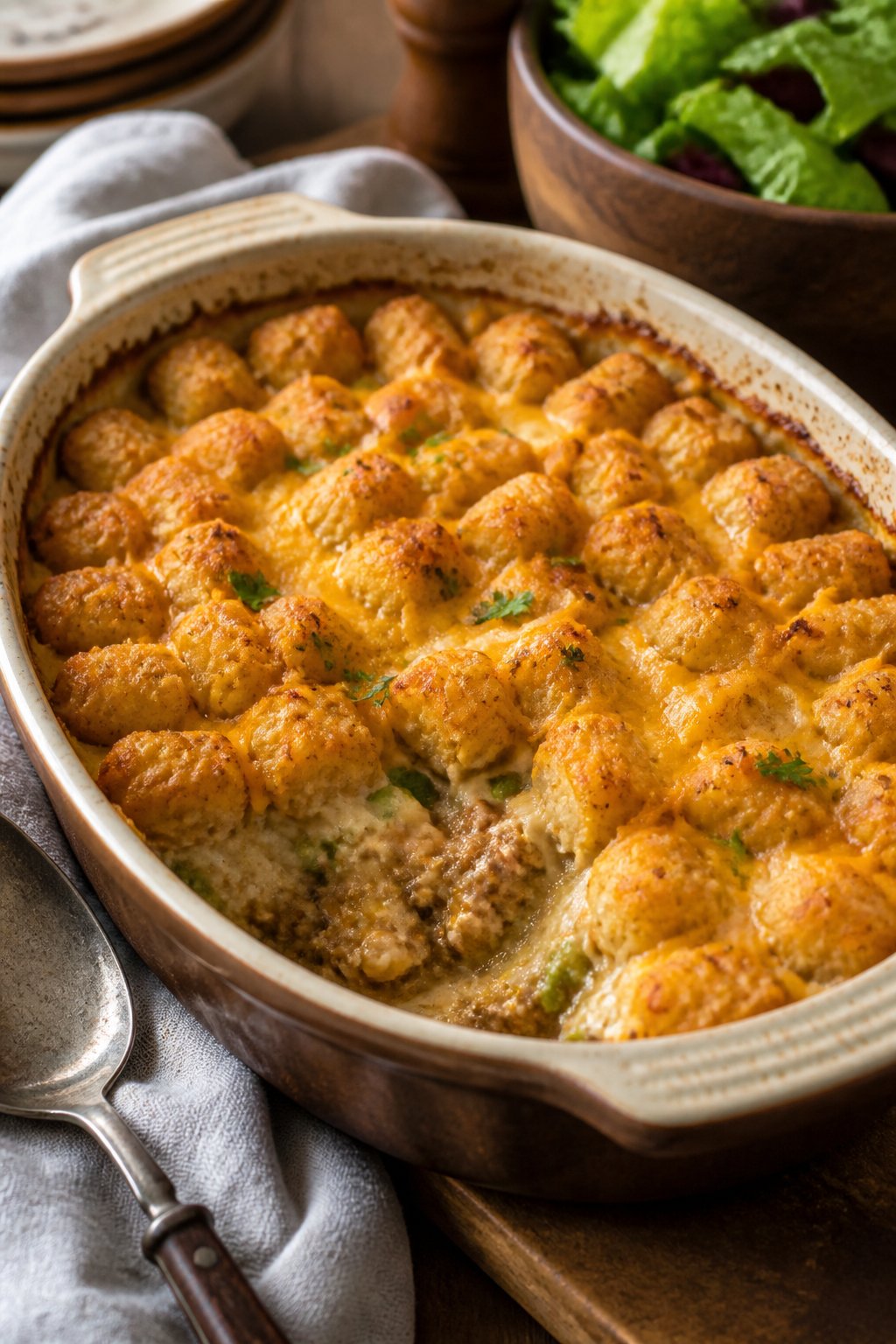 A freshly baked cheesy tater tot casserole in a worn rectangular baking dish on a wooden table, with a serving spoon resting in the corner and a small bowl of salad just visible at the edge.