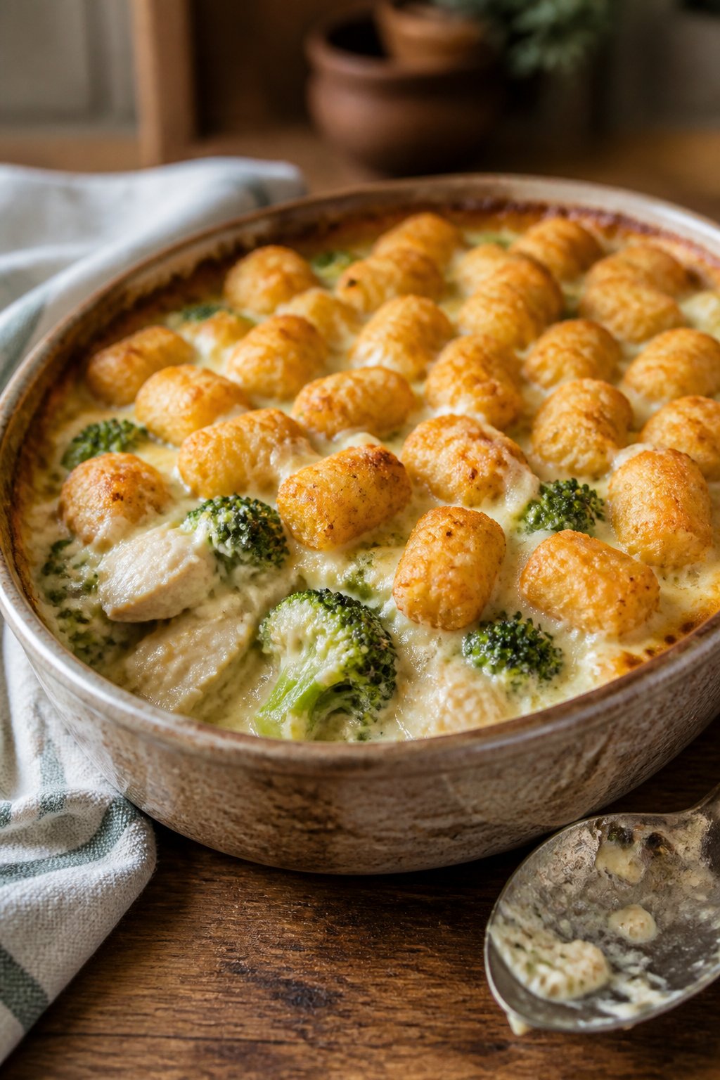 A creamy chicken and broccoli tater tot casserole in a deep rectangular baking dish, with golden tots covering the surface and a pale green filling visible at the edges.