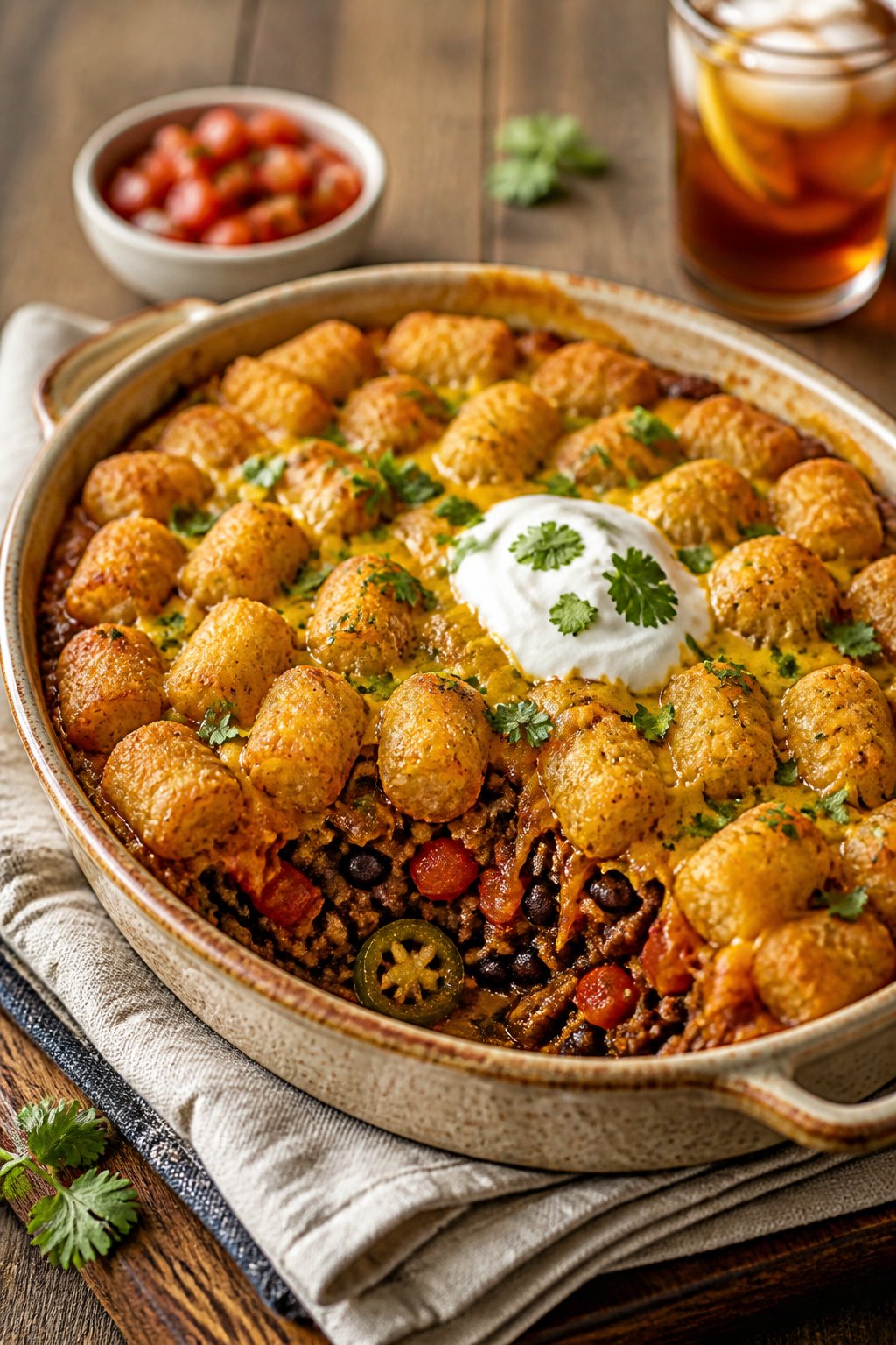 A baked casserole dish with a ground beef taco tater tot filling, the surface topped with melted orange cheddar and a scattering of green cilantro and white sour cream dollops.