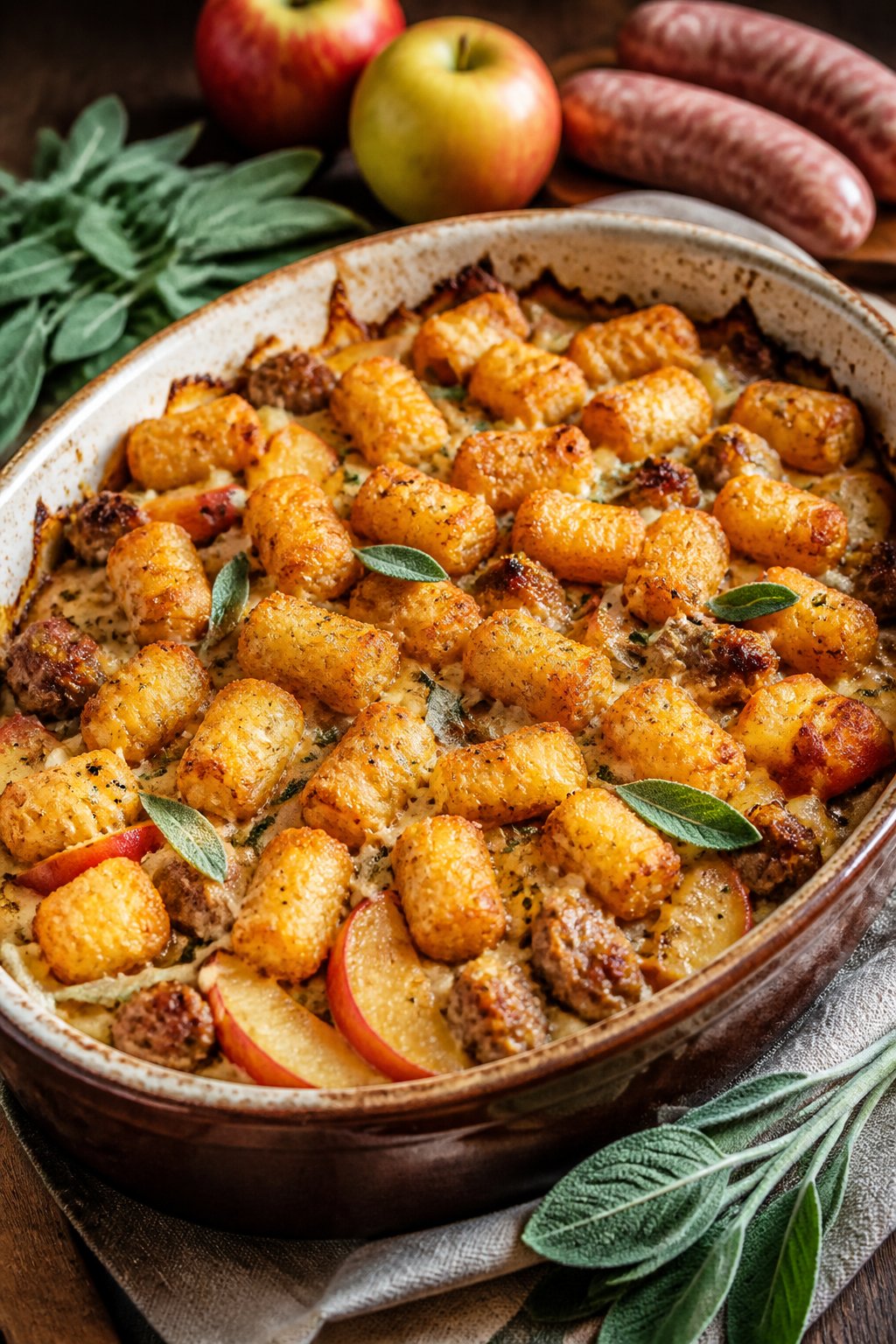 A baked casserole with crispy tater tots arranged in rows, visible sausage pieces, pale diced apple, and small green sage leaves in a cream-colored ceramic dish on a wooden table.