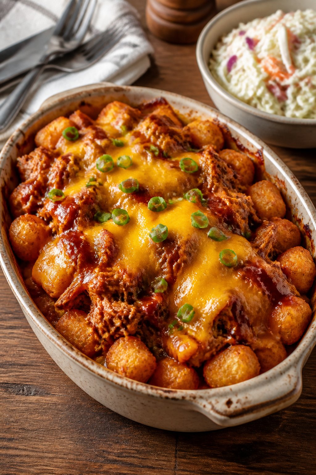 A BBQ pulled pork tater tot casserole in a rectangular baking dish with golden tots covering the top, shredded pork and melted cheddar visible at the edges, and a bowl of coleslaw beside it on a wooden table.