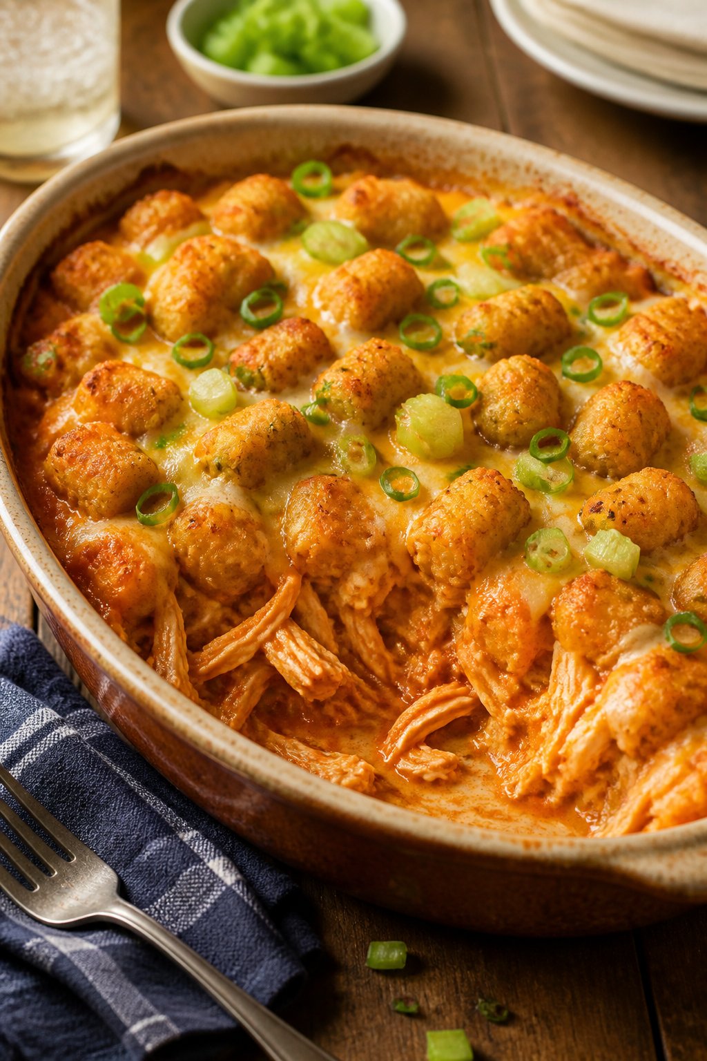 A baked Buffalo chicken tater tot casserole in a cream ceramic dish with golden tots on top, saucy shredded orange-tinged chicken visible at the sides, and sliced green onions scattered across the surface.