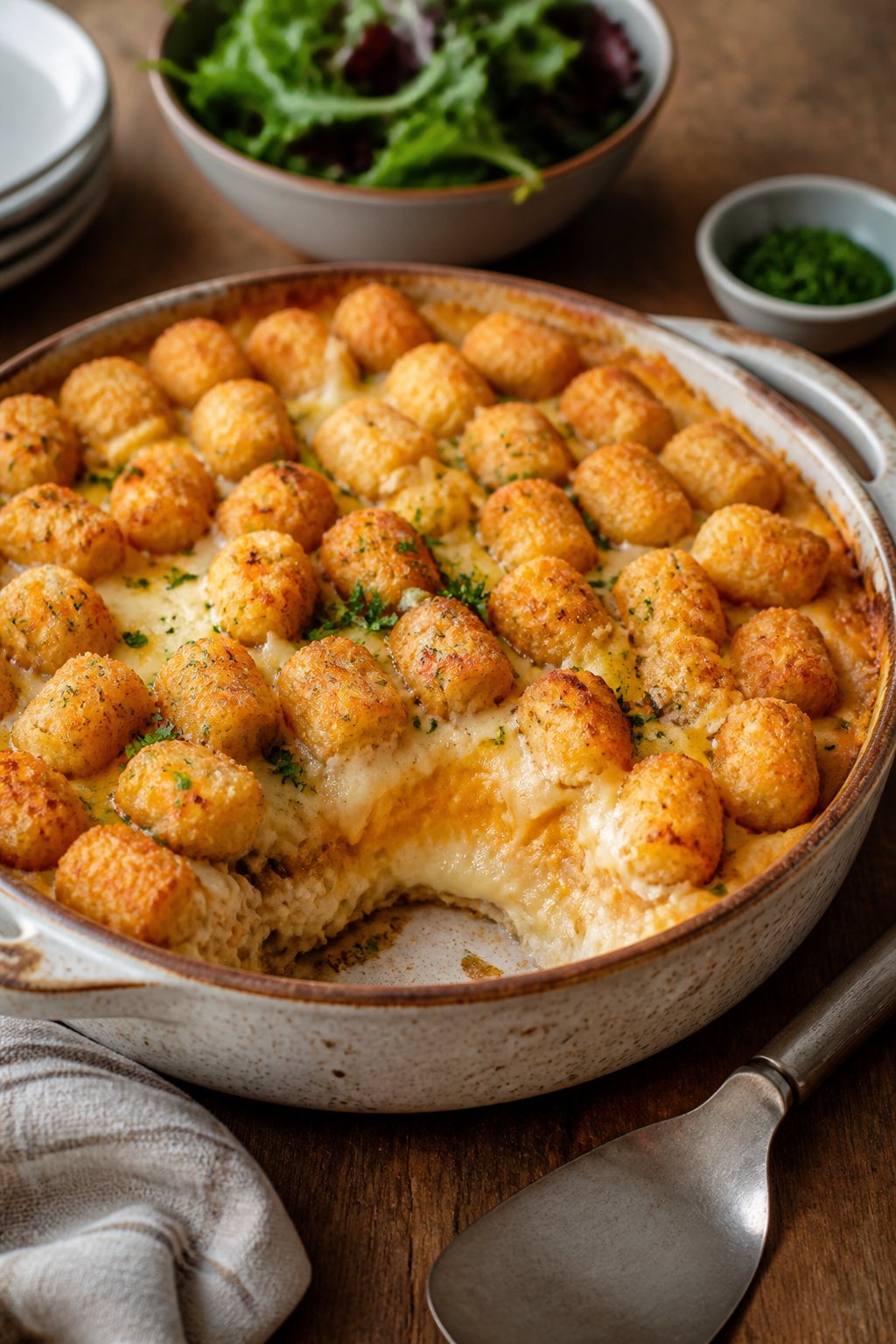 A baked vegetarian seven-cheese tater tot casserole in a cream ceramic dish, with a golden panko-and-tot crust on top and a scattering of fresh chopped parsley.