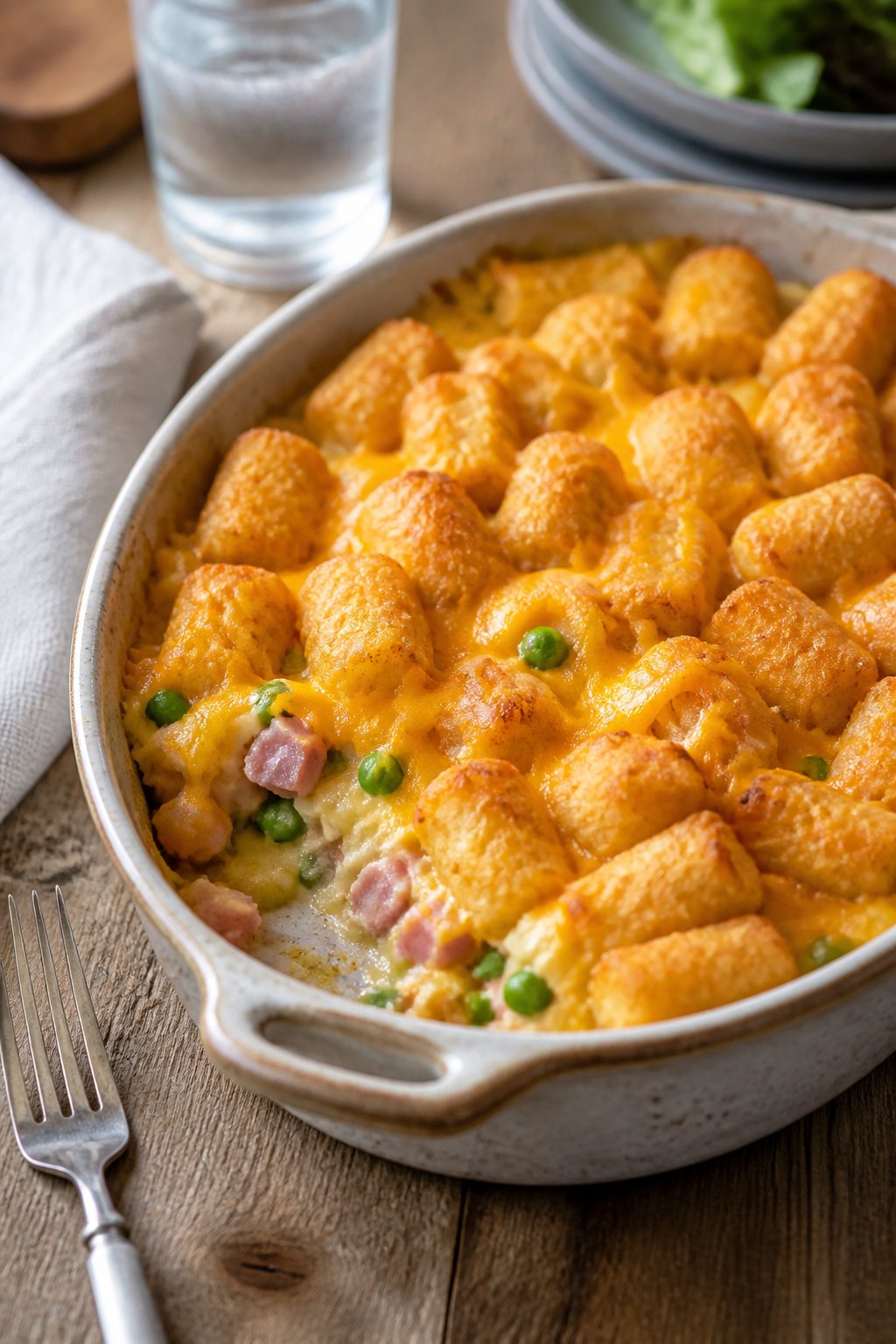 A baked tater tot casserole with pink-edged diced ham, bright green peas, and melted cheddar visible at the casserole edges, with golden tots covering the top in a ceramic dish on a wooden table.