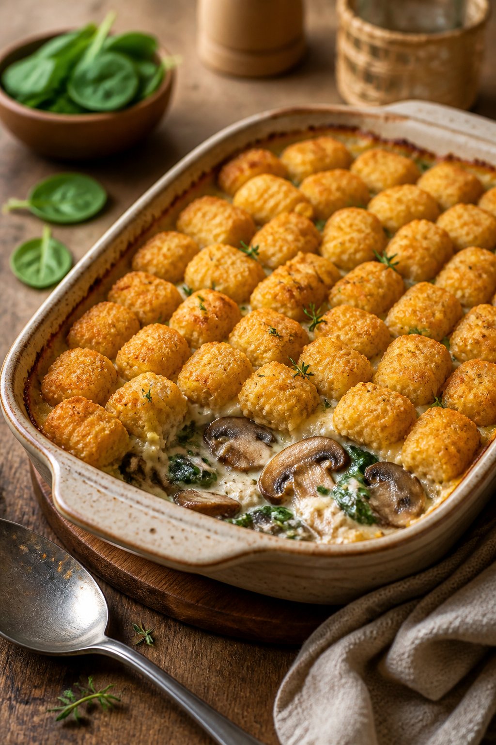 A freshly baked creamy mushroom and spinach tater tot casserole in a round ceramic dish on a wooden table, with the golden tots slightly overlapping and a dark green spinach filling visible at the rim.
