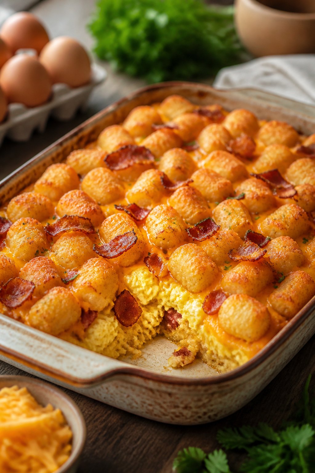 A golden brown breakfast tater tot casserole in a ceramic baking dish, with crispy bacon pieces and set egg custard visible between the tots, just pulled from the oven.
