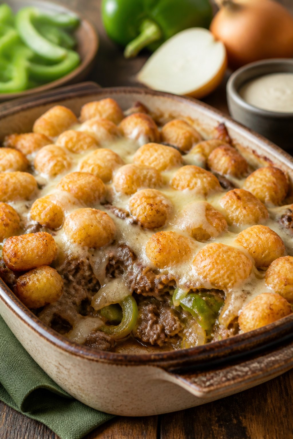 A baked Philly cheesesteak tater tot casserole in a ceramic dish with golden tots on top and green bell pepper and onion visible where the filling meets the edges, set on a wooden table.