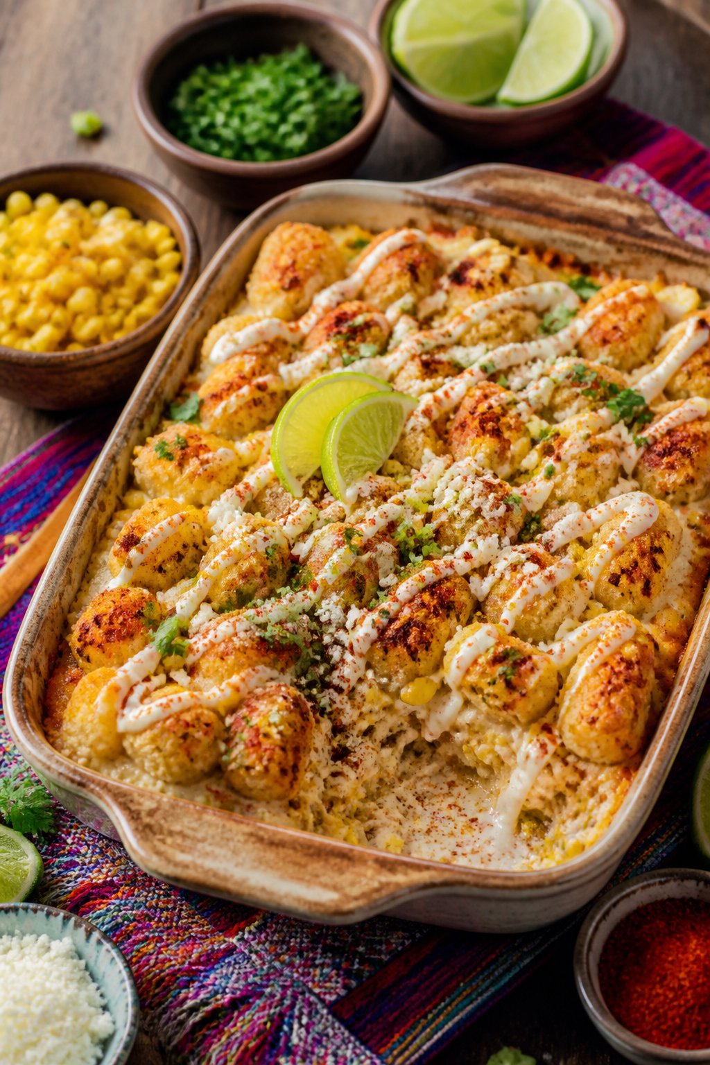 A baked Mexican street corn tater tot casserole in a ceramic dish with golden tots on top, garnished with bright green cilantro and lime wedges on the side, with small ingredient bowls arranged nearby on a wooden table.
