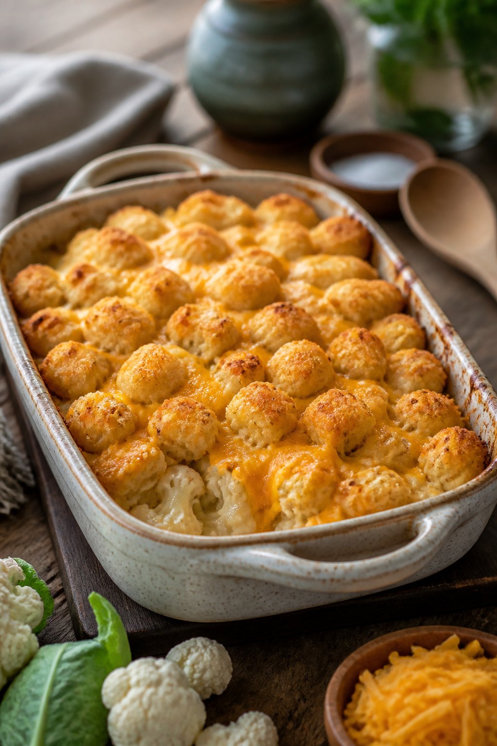 A baked cheesy cauliflower and tater tot casserole in a white ceramic dish on a wooden table, with fresh cauliflower florets and a block of cheddar set nearby for context.