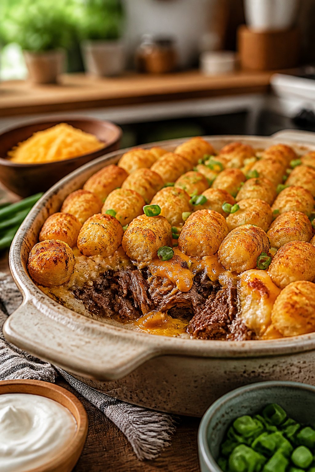 A casserole dish filled with slow cooker shredded beef tater tot casserole, with dark shredded beef and golden tots visible, set on a wooden table with fresh herbs nearby.