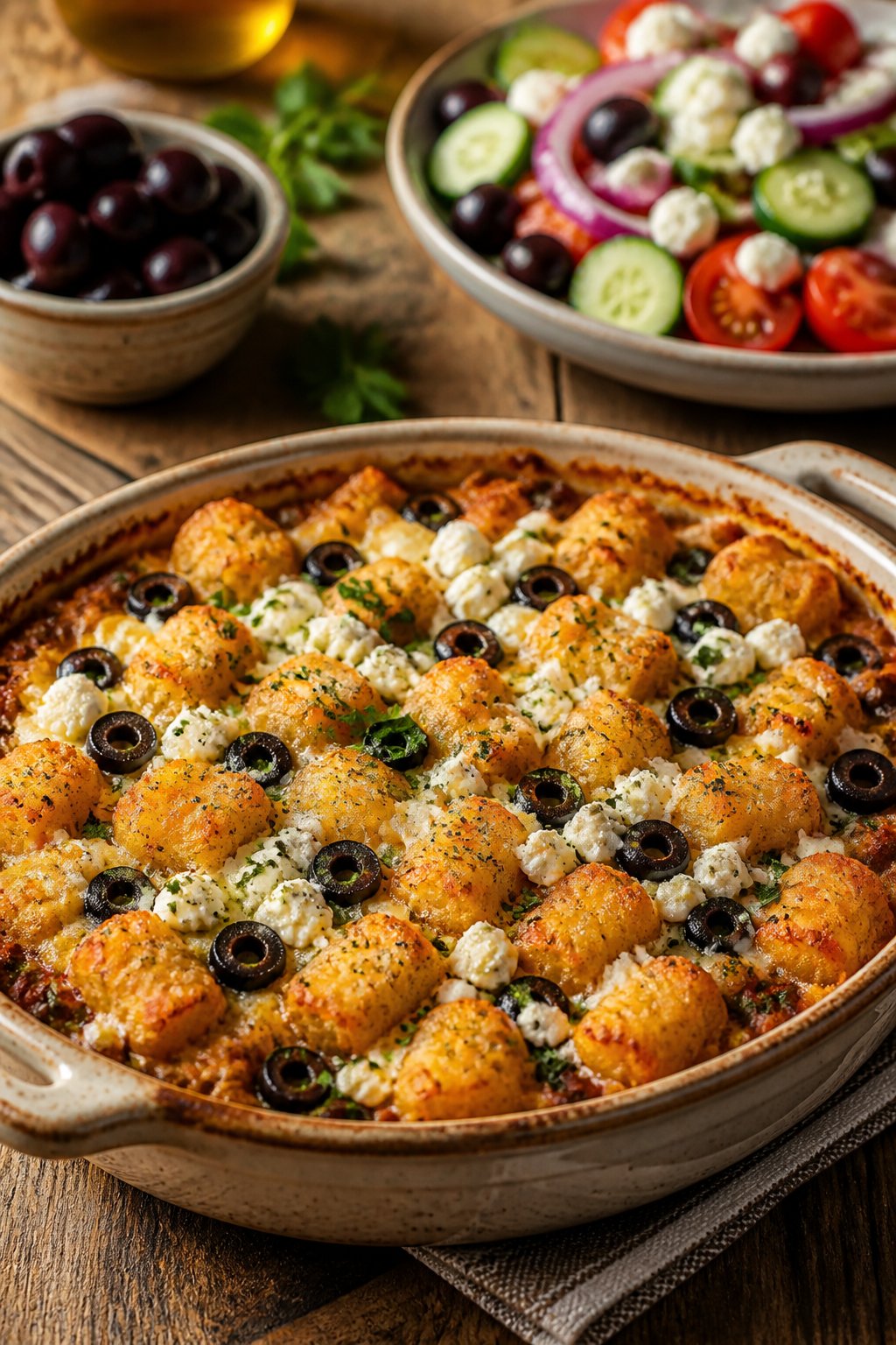 A golden brown tater tot casserole topped with crumbled white feta and dark Kalamata olives on a wooden table, with a bowl of olives and a fresh green salad alongside it.