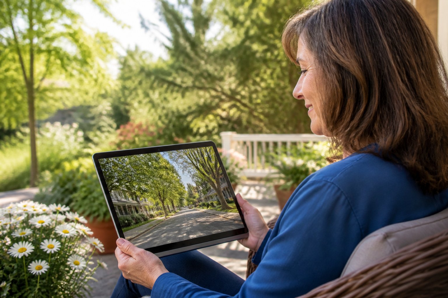 A person outdoors looking at a laptop showing a street view of a familiar neighborhood with houses and trees.