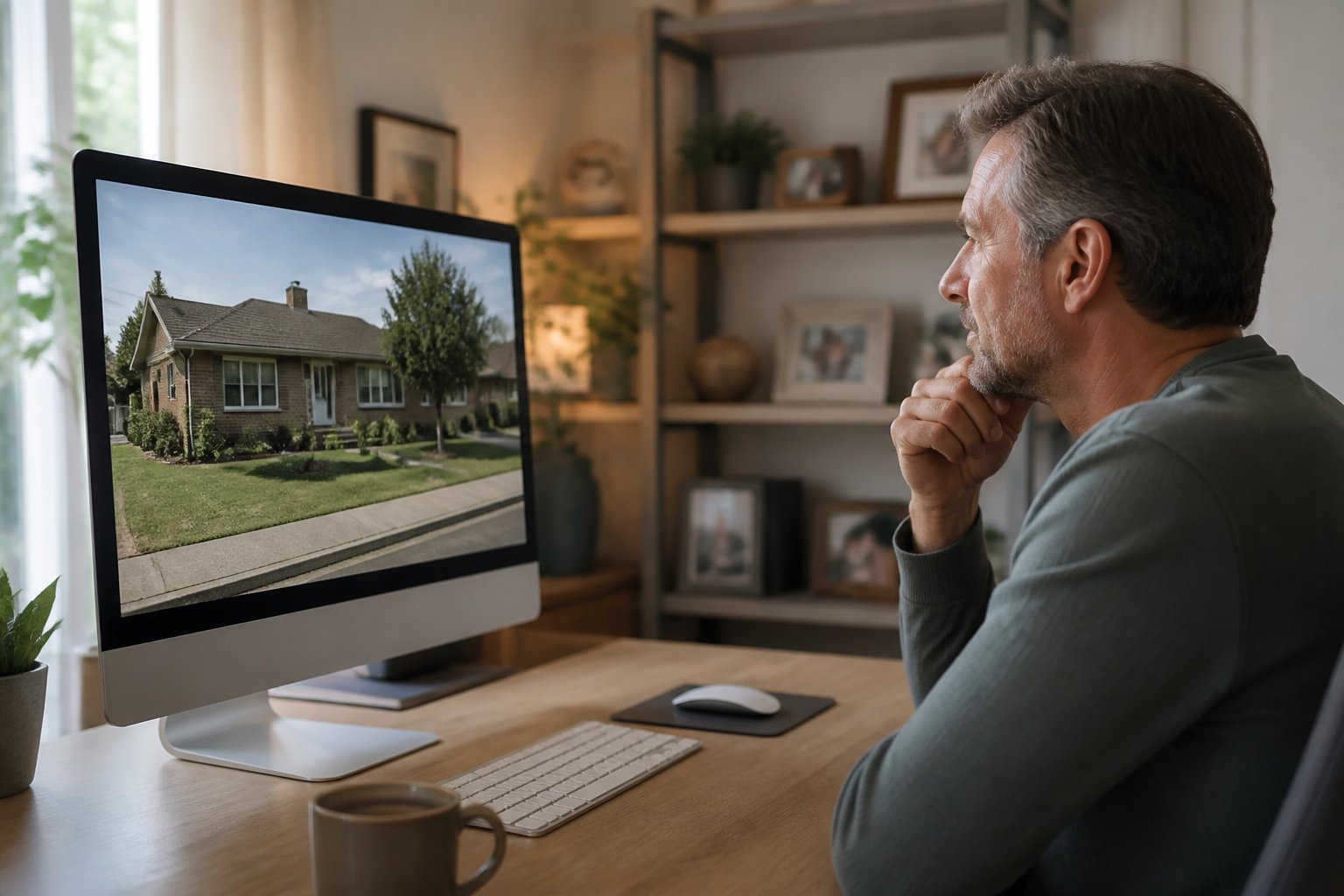 A person sitting at a desk looking at a computer screen showing a street view of a familiar place.