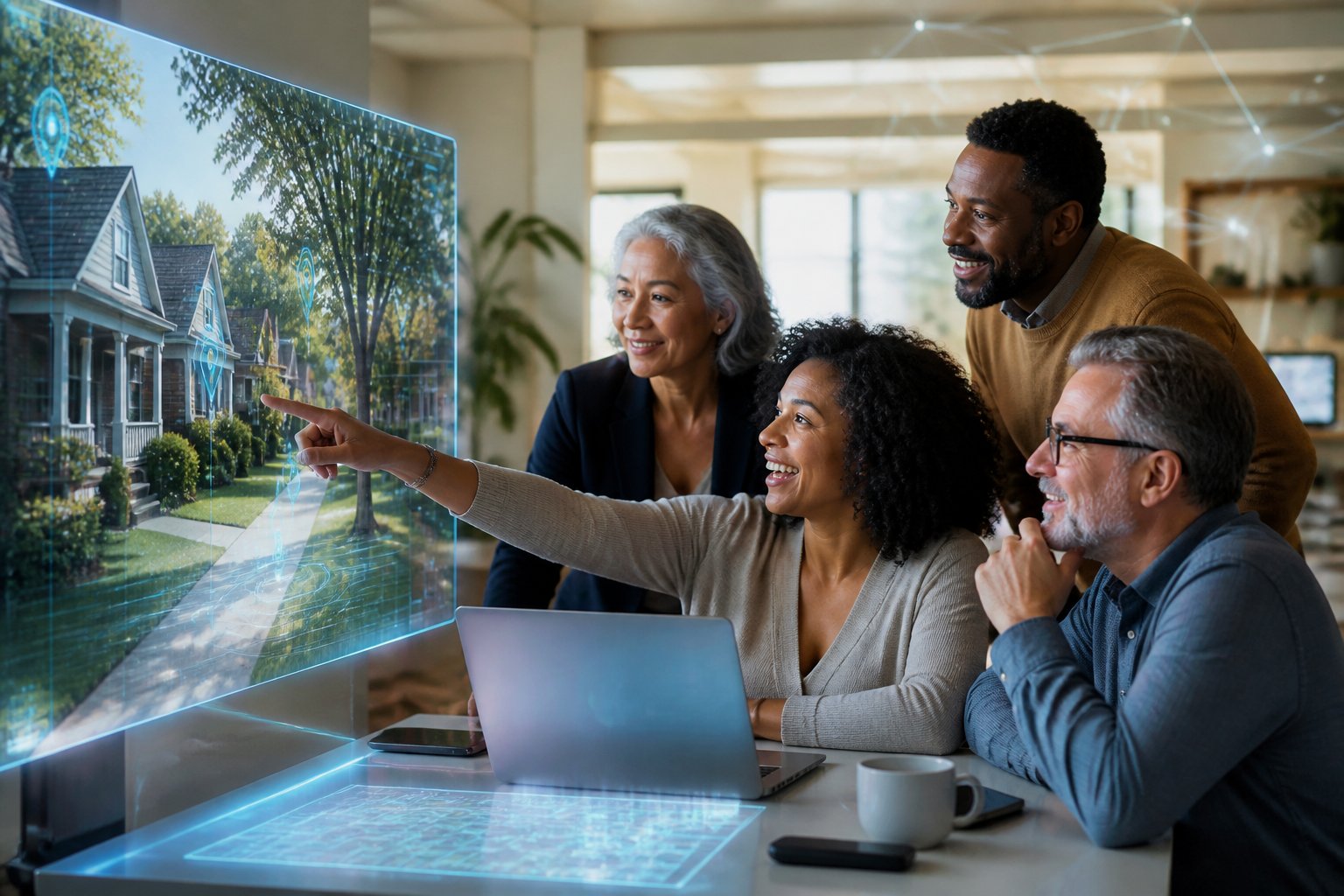 A group of adults using a laptop and touchscreen to virtually explore a neighborhood street with houses and trees.