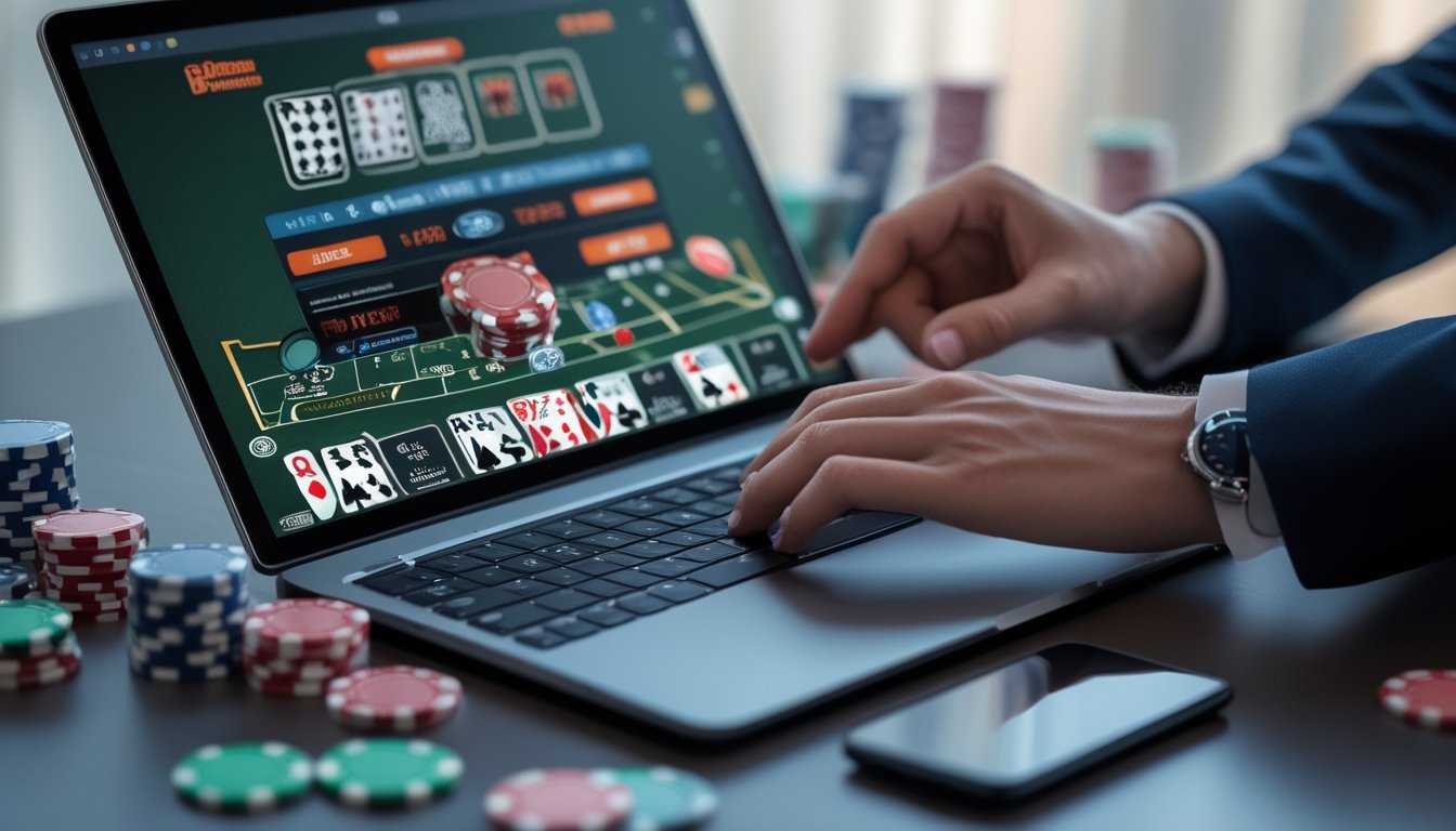 Seorang pemain berjudi online sedang bermain blackjack di laptop dengan kartu dan chip di meja.
