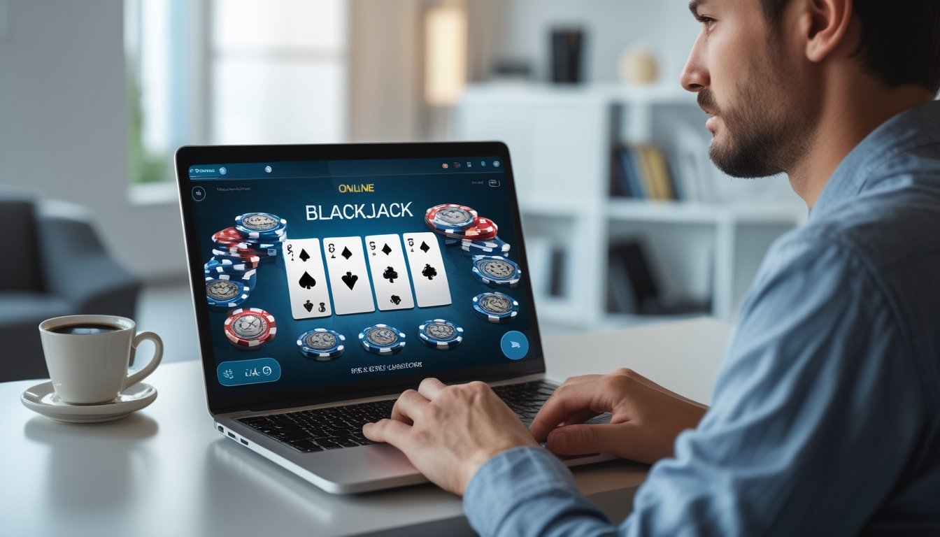 Seseorang sedang bermain blackjack online menggunakan laptop di sebuah ruangan yang nyaman.