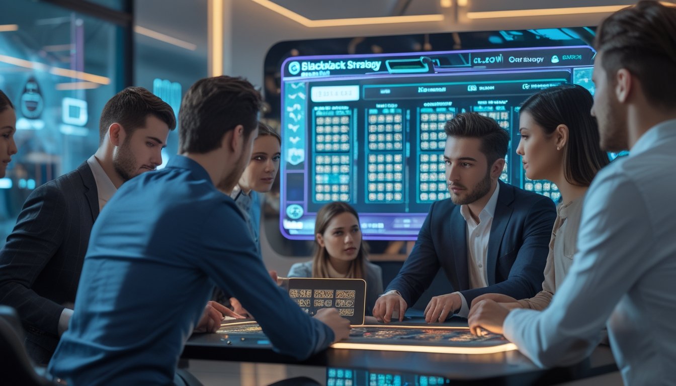 Sekelompok orang muda sedang berdiskusi di depan layar digital yang menampilkan kartu blackjack dan grafik strategi.