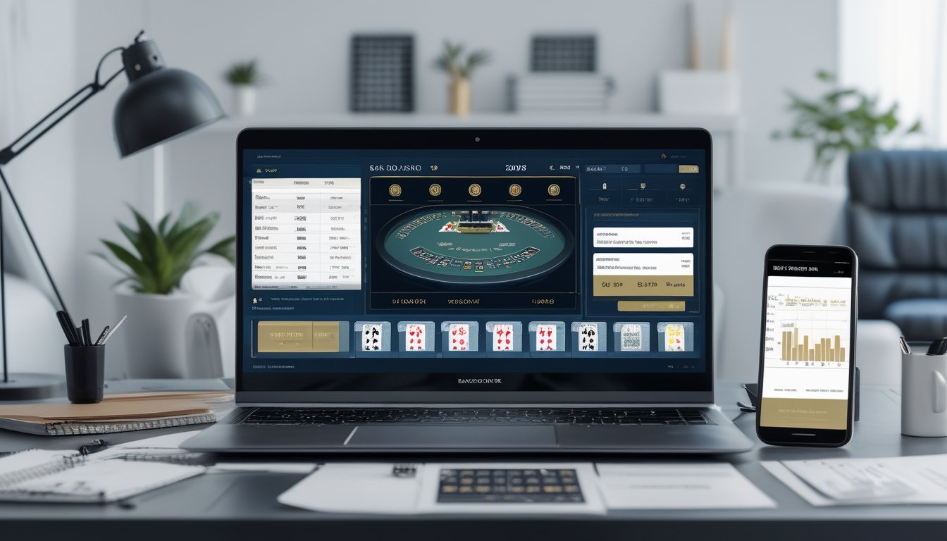 Sebuah setup permainan blackjack online modern dengan layar komputer menampilkan kartu dan chip, serta alat tulis dan ponsel dengan grafik strategi di meja kerja yang rapi.