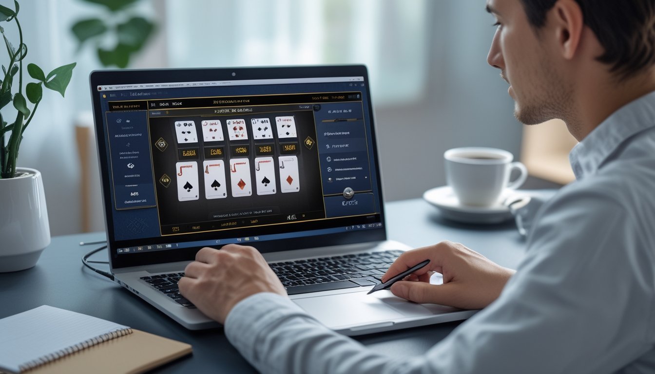Seorang pemula sedang belajar bermain blackjack online di depan laptop di ruang kerja rumah yang rapi.