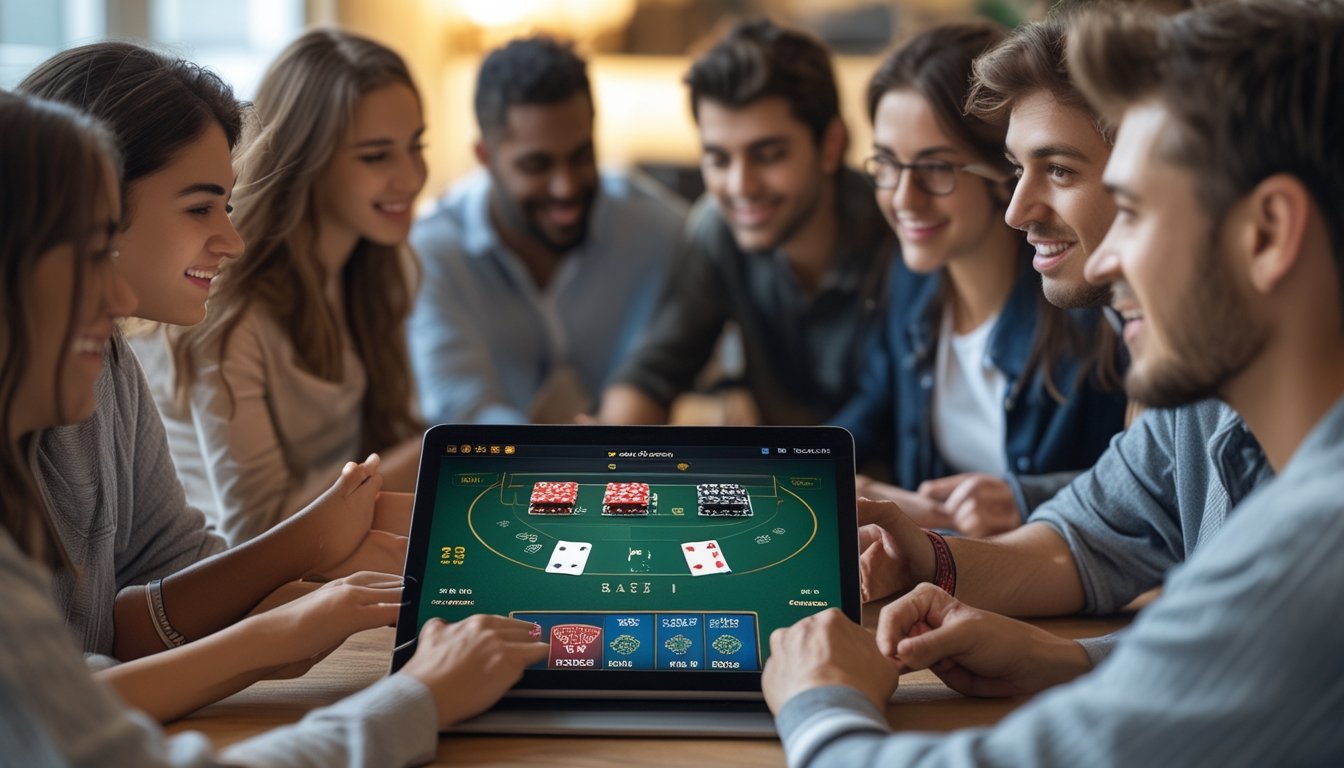 Sekelompok orang muda sedang belajar dan bermain permainan blackjack online menggunakan laptop di lingkungan yang nyaman.