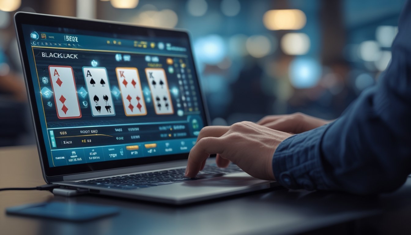 Seorang pemain sedang bermain blackjack online di laptop dengan kartu dan chip di layar.