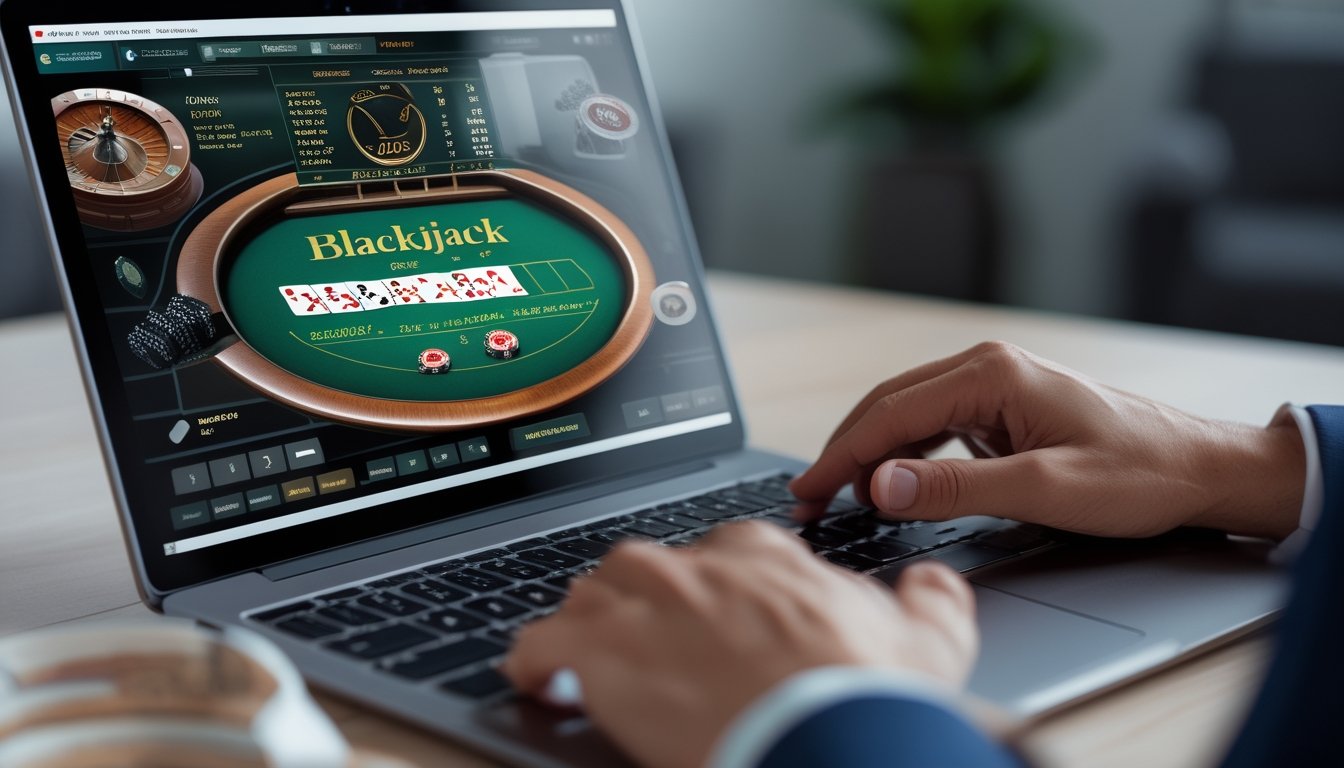 Seseorang bermain blackjack online di laptop dengan kartu dan chip terlihat jelas di layar.