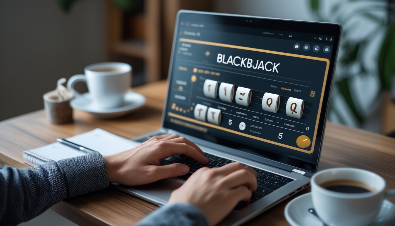 Seseorang bermain blackjack online di laptop di ruang tamu yang nyaman dengan secangkir kopi di meja.
