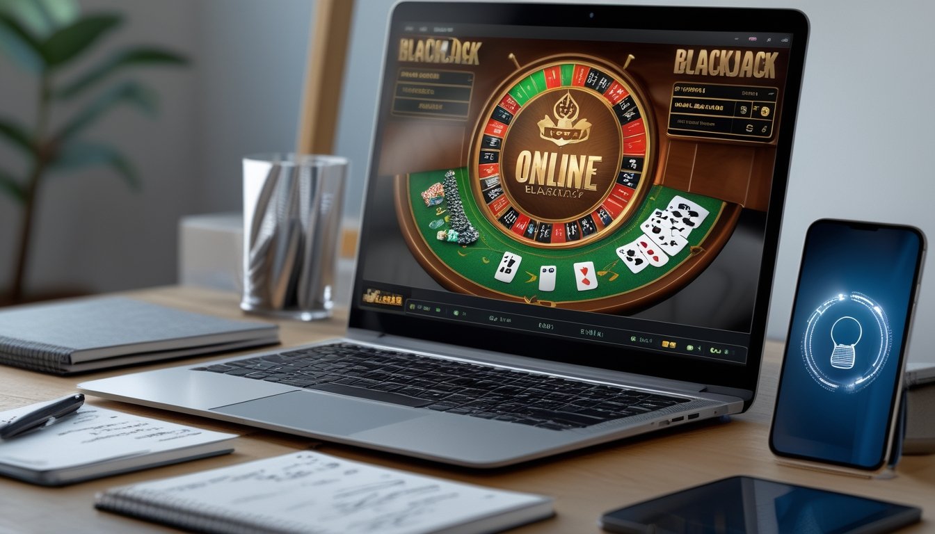Seseorang sedang bermain blackjack online di laptop dengan kartu dan chip terlihat di layar, di meja ada catatan dan ponsel dalam suasana ruangan yang nyaman.