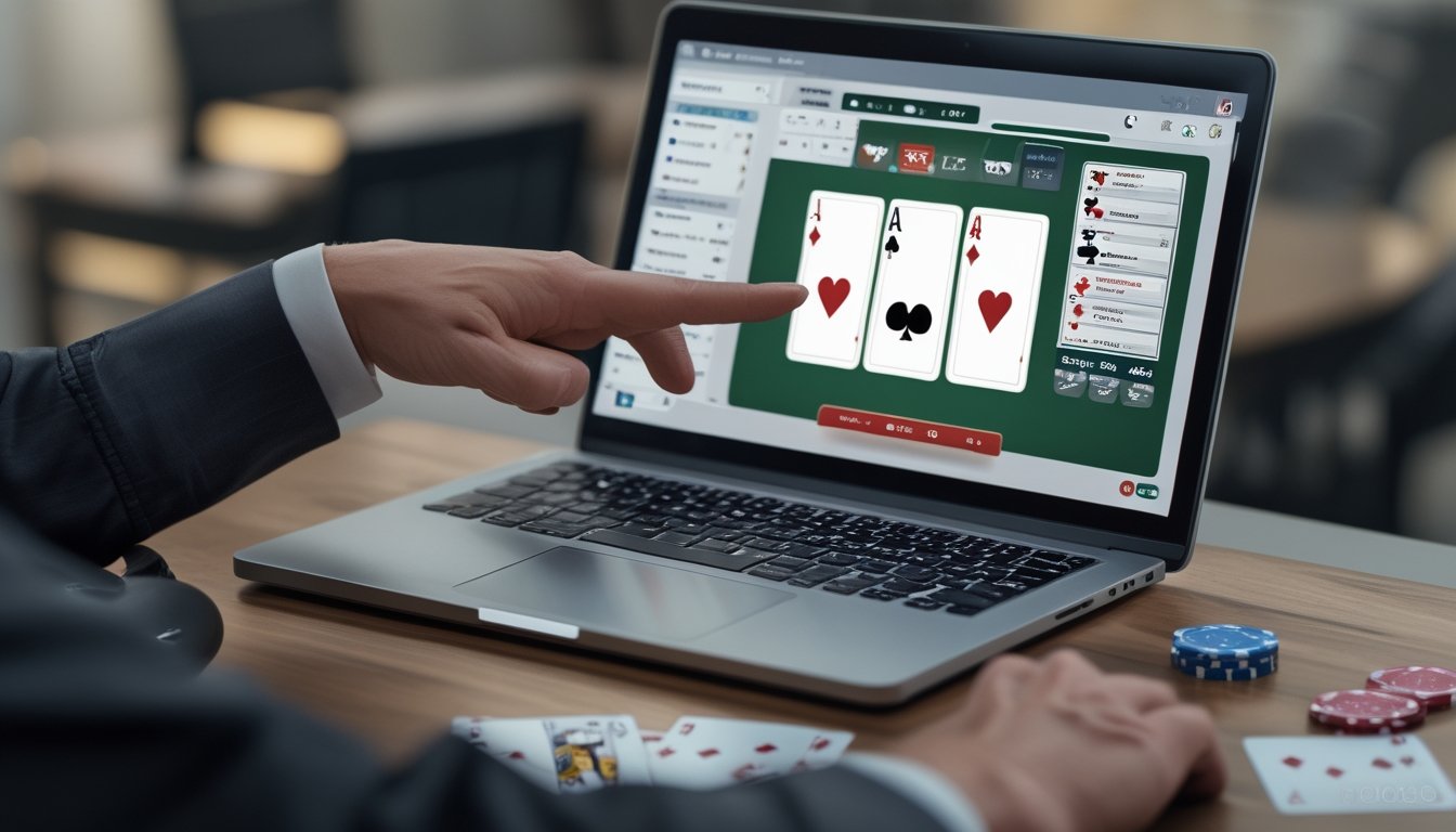 Seseorang sedang menganalisis permainan blackjack online dengan laptop, kartu, dan chip poker di atas meja.