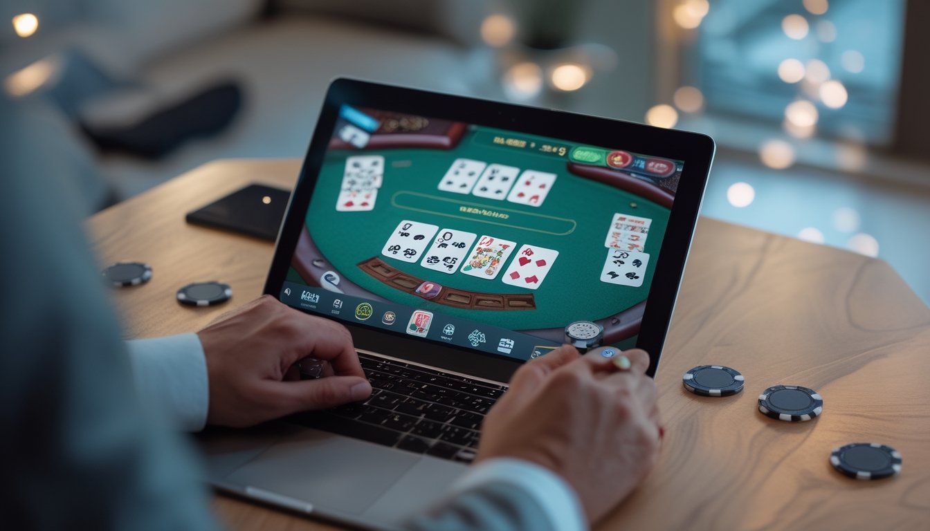 Seorang pemain sedang meletakkan chip di depan perangkat yang menampilkan permainan blackjack online.