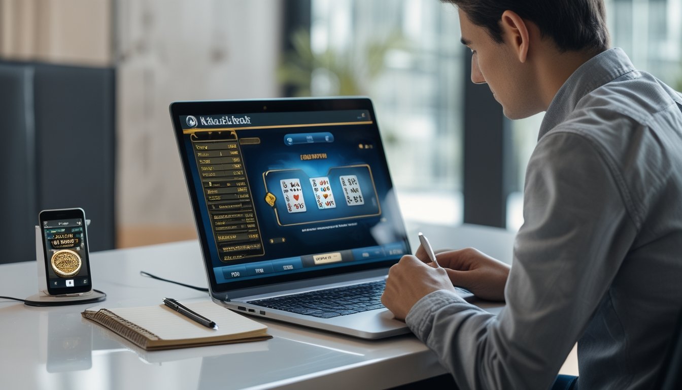 Seseorang duduk di meja dengan laptop yang menampilkan permainan blackjack online, mencatat di buku catatan.