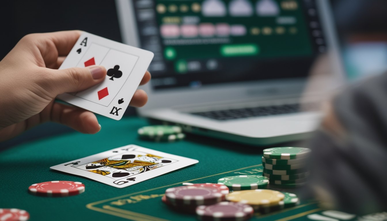 Tangan memegang kartu blackjack di atas meja hijau dengan chip dan layar perangkat digital di latar belakang.