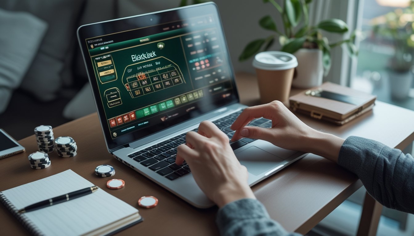 Seseorang bermain blackjack online di laptop dengan tumpukan chip kecil di meja dan suasana ruangan yang nyaman.