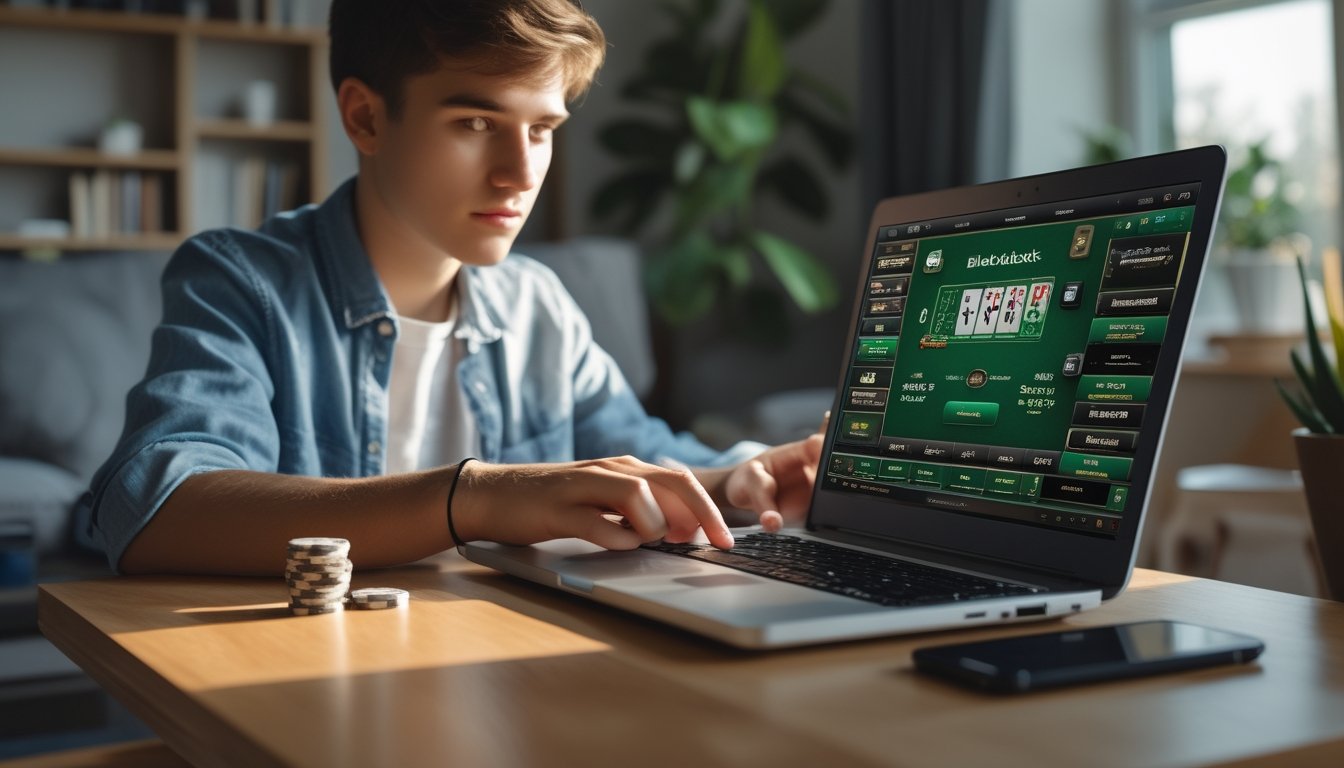 Seorang dewasa muda sedang bermain blackjack online menggunakan laptop di meja kayu dengan tumpukan chip poker kecil dan ponsel di sampingnya.