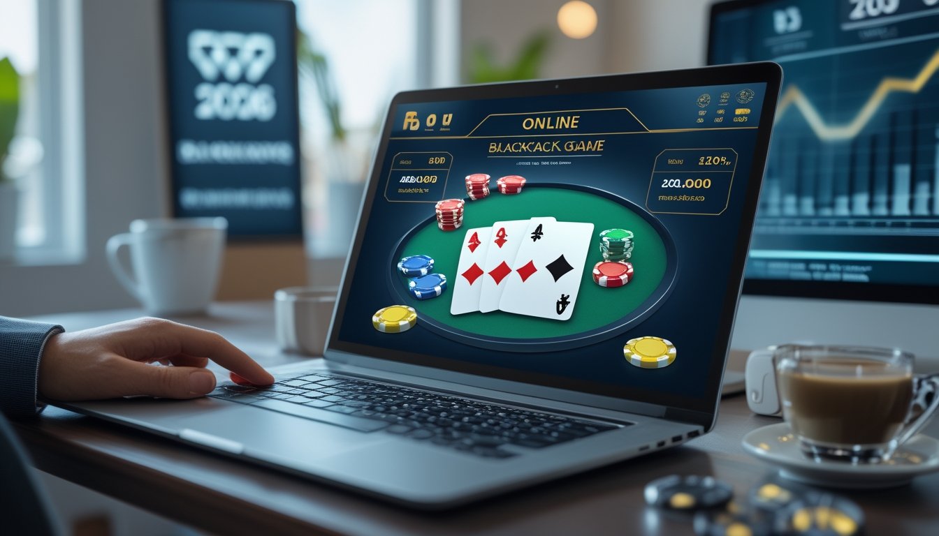 Sebuah laptop di meja kerja menampilkan permainan blackjack online dengan kartu dan chip, di latar belakang terdapat kalender tahun 2026 dan grafik pertumbuhan.