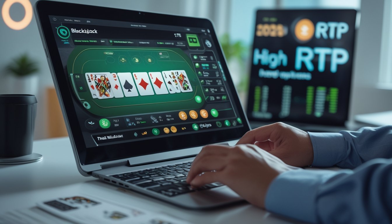 Seseorang menggunakan komputer dengan tampilan permainan blackjack online dan chip taruhan di meja digital.