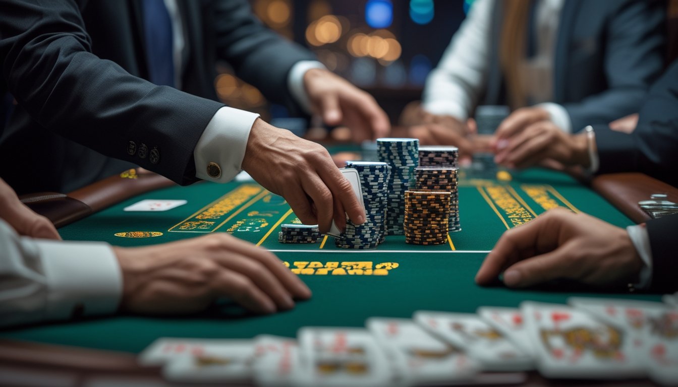 Meja blackjack di kasino dengan dealer dan pemain sedang bermain kartu, tumpukan chip terlihat di atas meja hijau.
