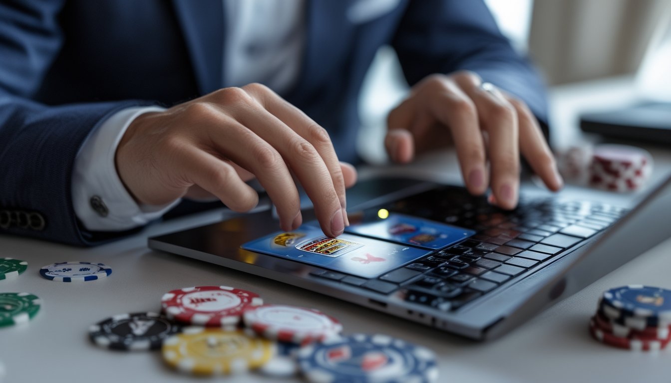 Tangan seseorang bermain blackjack online di depan layar komputer dengan kartu dan chip kasino.