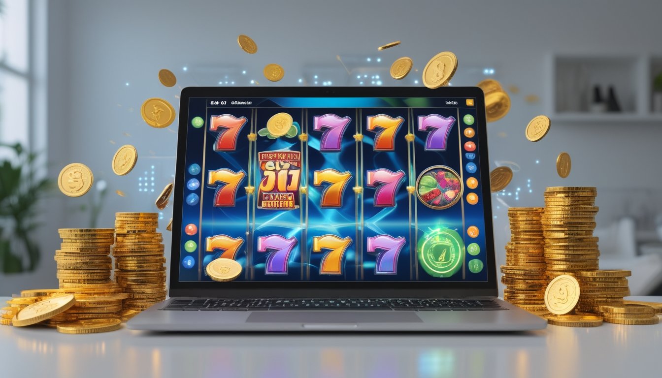 Seorang pengguna sedang bermain mesin slot online di komputer dengan tumpukan chip kasino dan koin emas di sekitarnya.