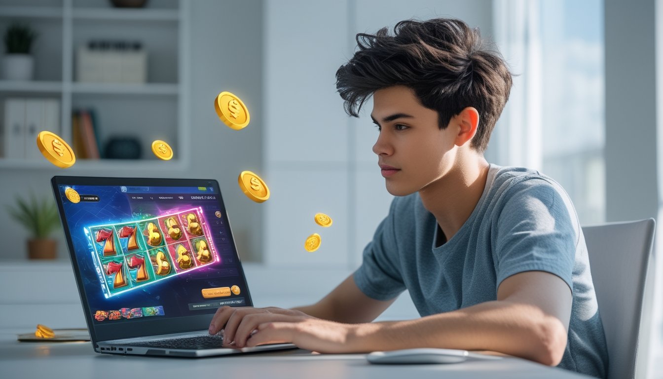 Seorang dewasa muda duduk di depan laptop yang menampilkan permainan slot online dengan latar ruang kerja yang rapi dan pencahayaan terang.