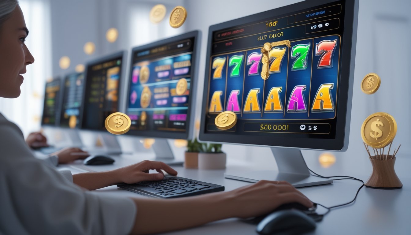 Orang sedang bermain mesin slot online di depan komputer dengan layar menampilkan permainan slot berwarna cerah dan simbol bonus.