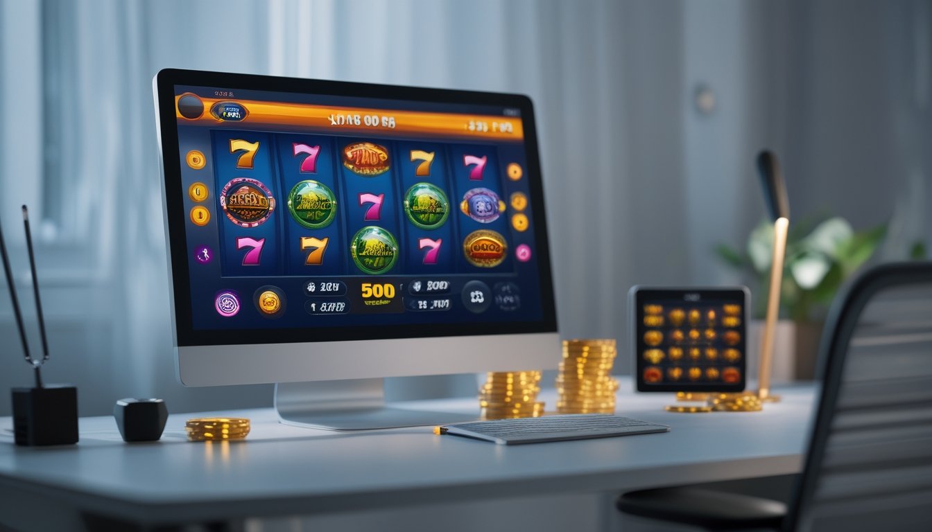 Seorang pemain menggunakan komputer dengan layar menampilkan permainan slot online berwarna-warni di meja kerja yang rapi.