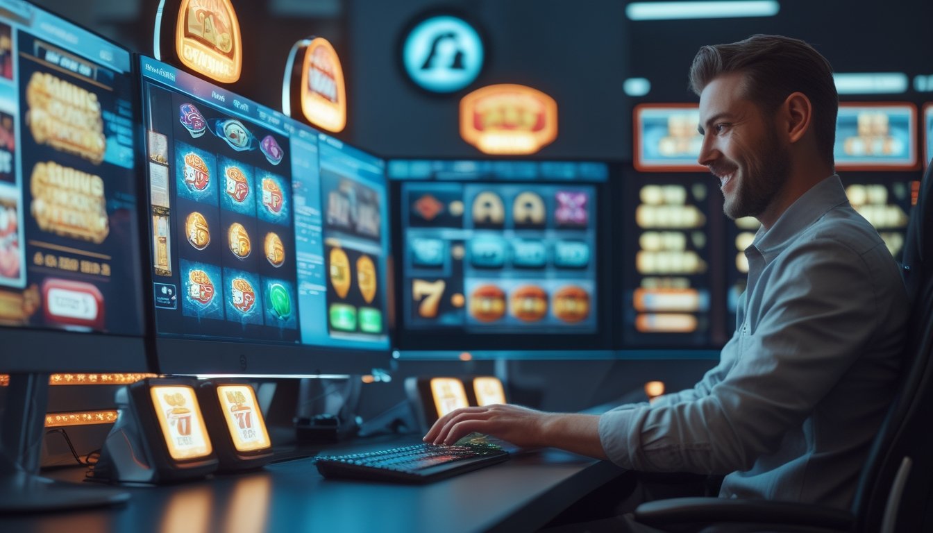 Seseorang menggunakan komputer dengan layar menampilkan permainan slot online yang berwarna-warni dan ikon bonus, menunjukkan suasana permainan slot online yang terpercaya dan menarik.