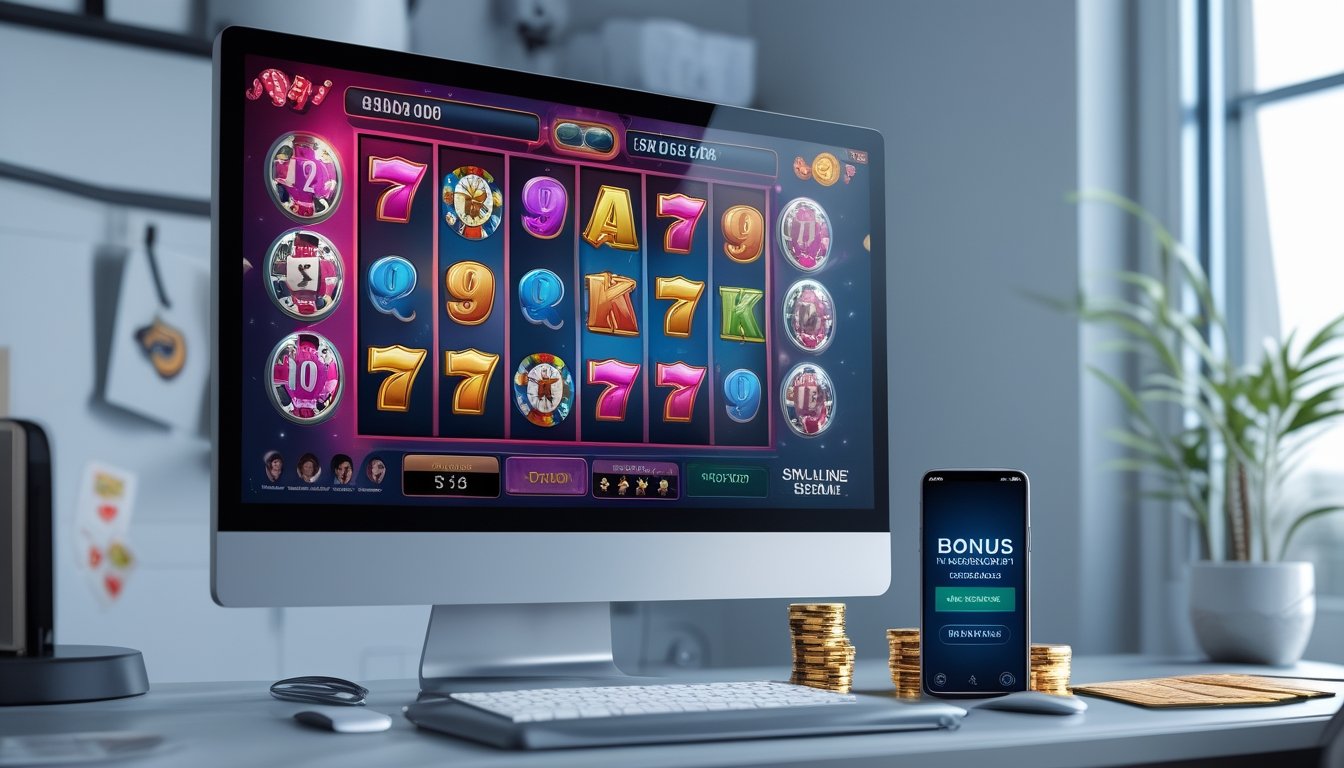 Meja kerja dengan komputer dan ponsel menampilkan permainan slot online dengan simbol kemenangan dan notifikasi bonus.