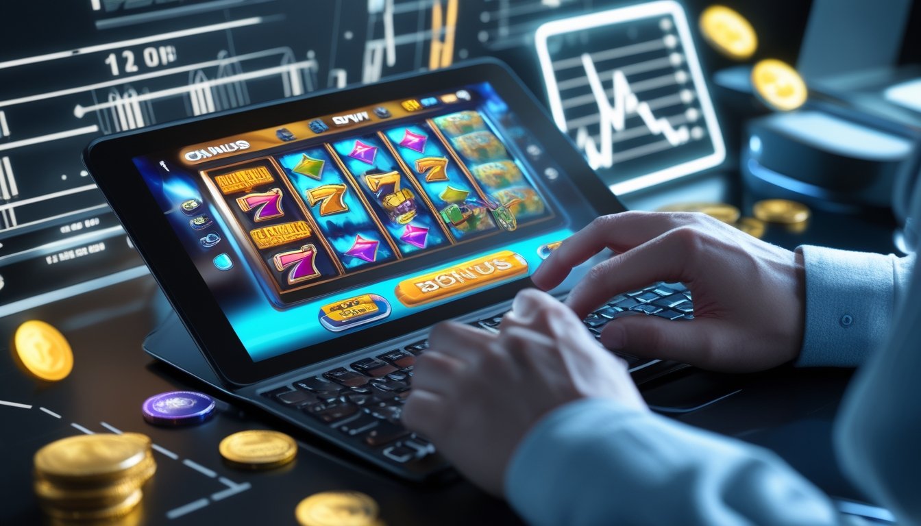 Seseorang menggunakan laptop dengan tampilan permainan slot online yang berwarna-warni dan simbol kemenangan.
