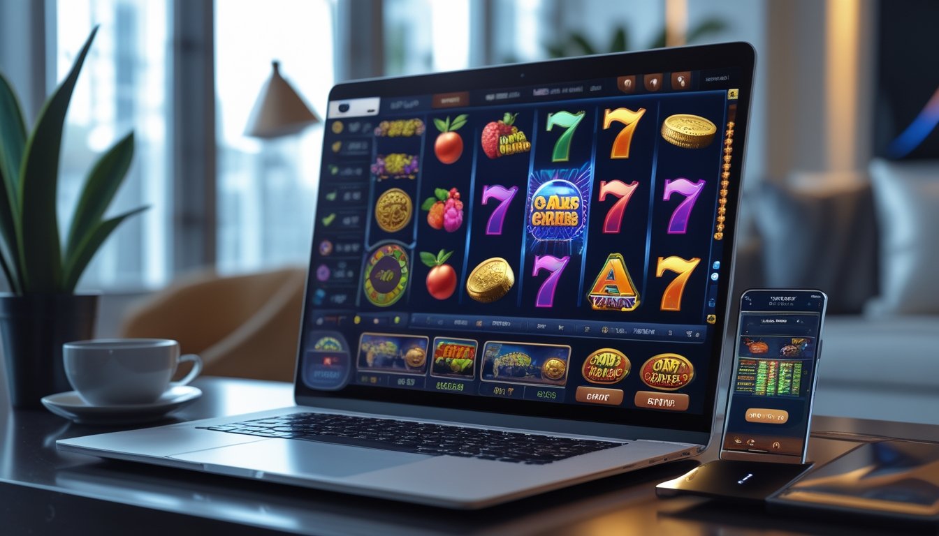 Seorang pengguna bermain game slot online di laptop dengan tampilan permainan berwarna cerah di meja kerja yang rapi di rumah.
