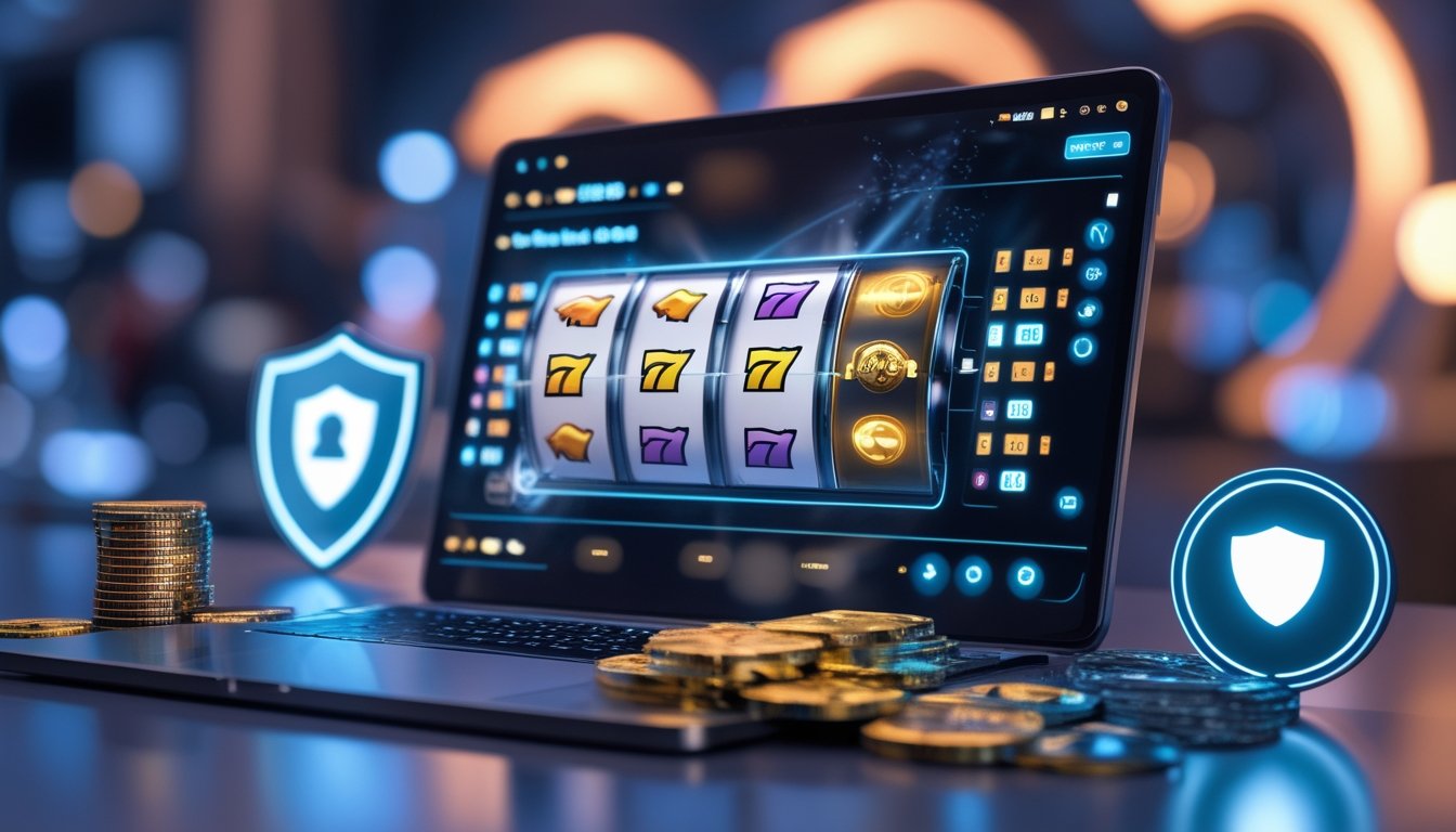 Layar perangkat digital menampilkan mesin slot online dengan simbol keamanan dan bonus di sekitarnya.