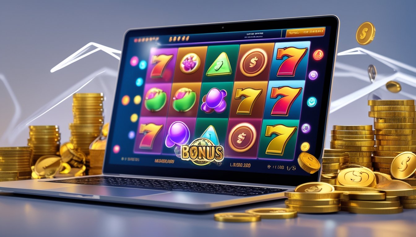 Sebuah komputer dengan layar menampilkan permainan slot online yang berwarna-warni, dikelilingi oleh tumpukan koin emas dan simbol bonus.