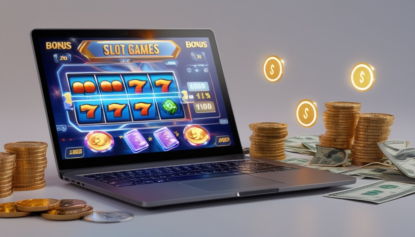 Seorang pengguna duduk di depan komputer dengan layar menampilkan permainan slot online yang penuh warna dan simbol kemenangan, dikelilingi oleh tumpukan koin dan uang tunai.