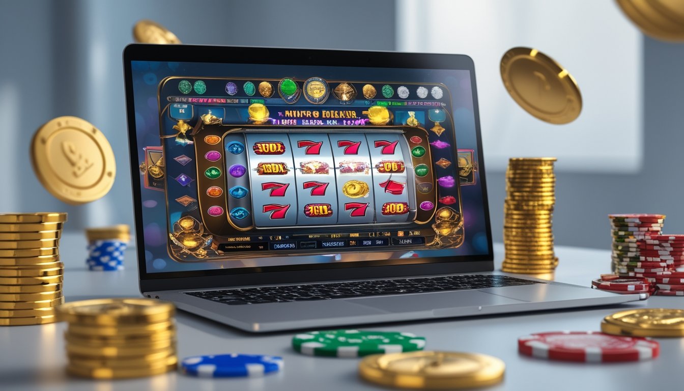 Seorang pengguna laptop dengan tampilan permainan slot online berwarna-warni dan koin emas di sekitarnya.